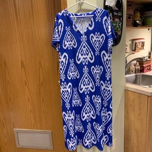 Blue and white graphic midi dress.